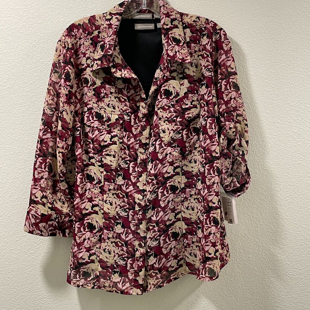 CROFT & BARROW 2 Piece Set Button Up Blouse Floral Burgundy/Black/Cream Women XL